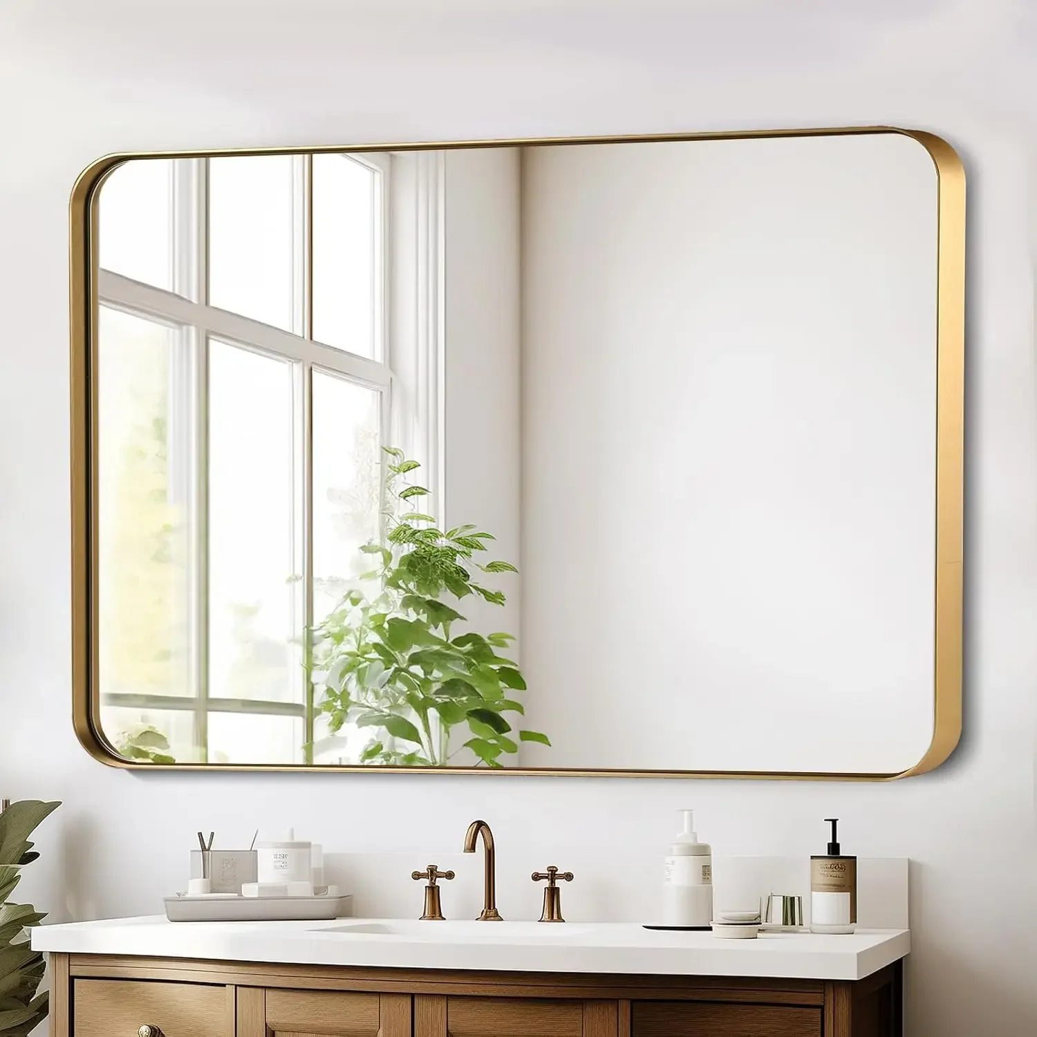 

40x30 Inch Gold Bathroom Mirror, Brushed Metal Framed Rectangle Mirror with Rounded Corner, Gold Bathroom Vanity Mirror for Be