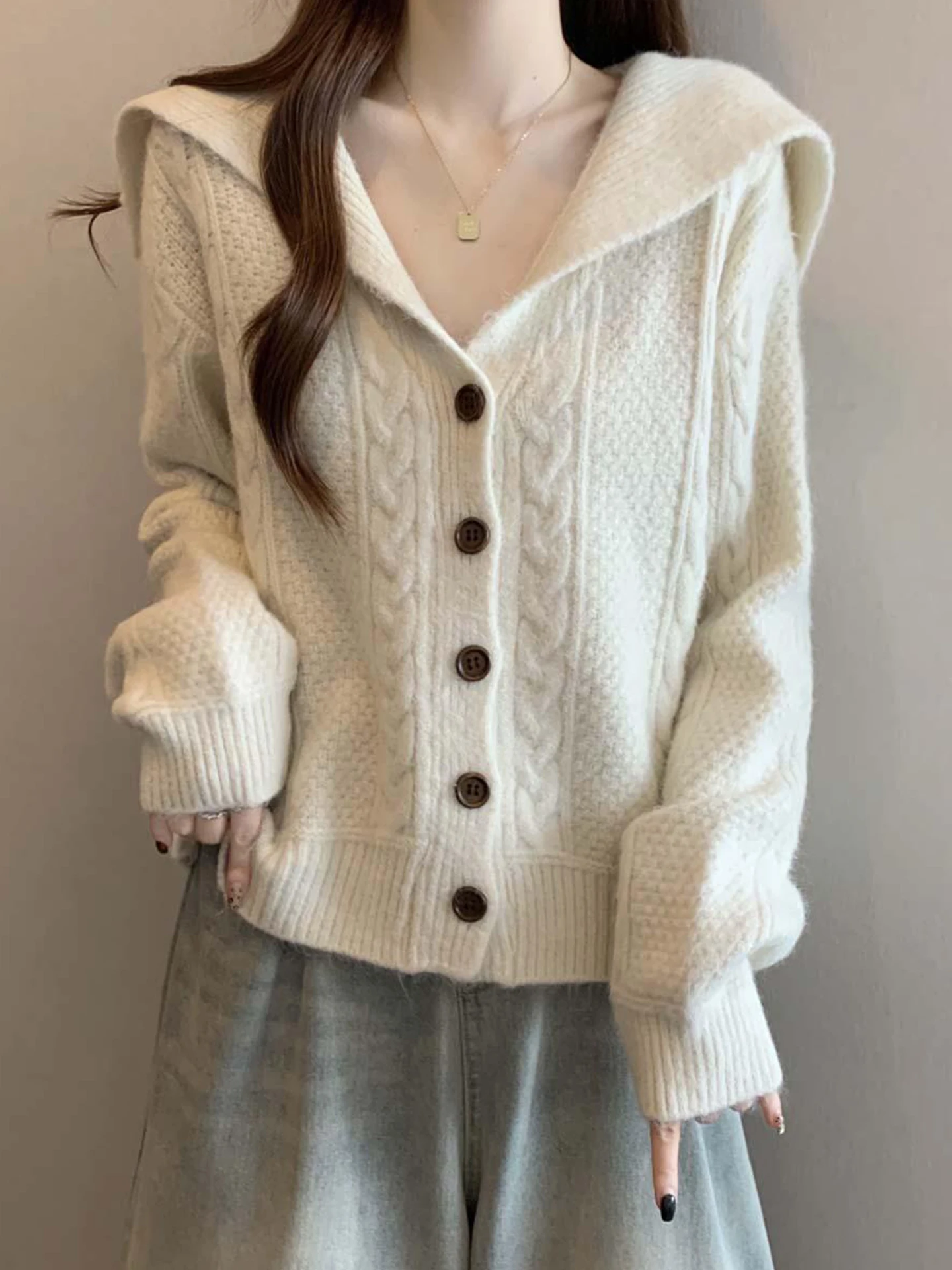 

Мягкий вязаный кардиган крупной вязки для женщин, осенне-зимний, больших размеров, в стиле оверсайз, с милым матросским воротником, модный вязаный топ для полных женщин