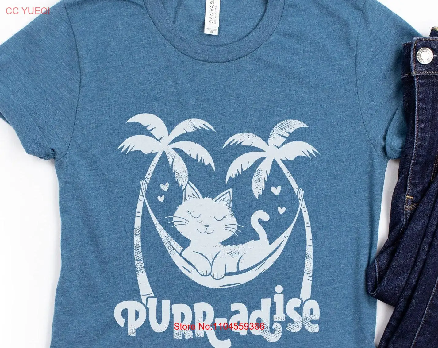 PURR adise Cute Cat In Hammock Beach Paradise Pun T Shirt  Sizes X Small to 4XL long or short sleeves