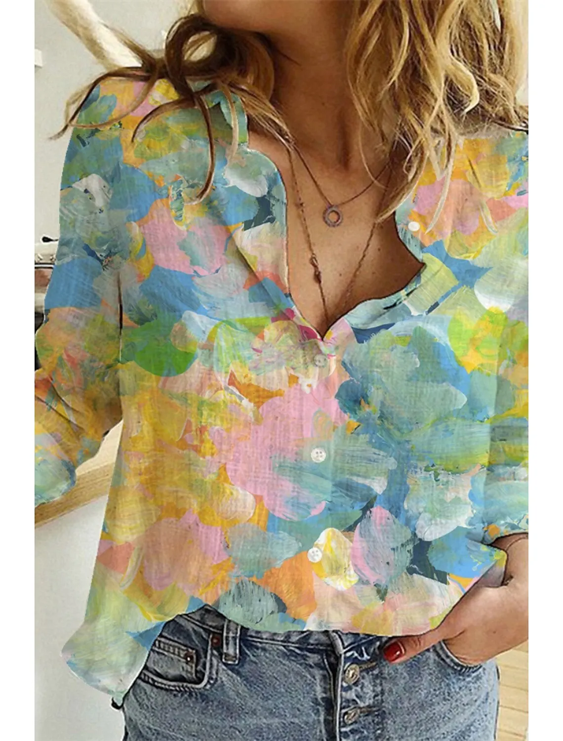 

Fashion Women's Blouse Flower Modern Blouse Lapel Neck Blouse Womens Long Sleeve Shirts Womens Clothing Female Clothing