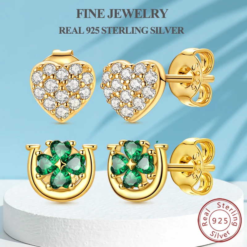 

Earrings Real Original 925 Sterling Silver Stud Earrings Gold Horseshoe Four-leaf Clover Earrings For Women Girl Jewelry Gifts