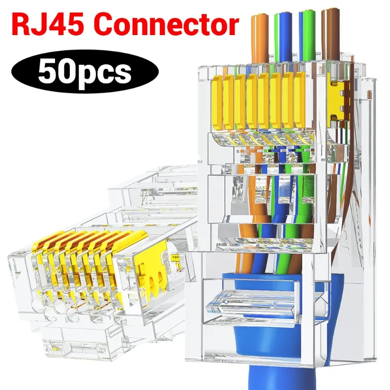 RJ45 Connector Cat6/ Cat5e RJ45 Pass Through Ethernet Cable Connector UTP Network Plug for Solid Wire or Stranded Ethernet Cable