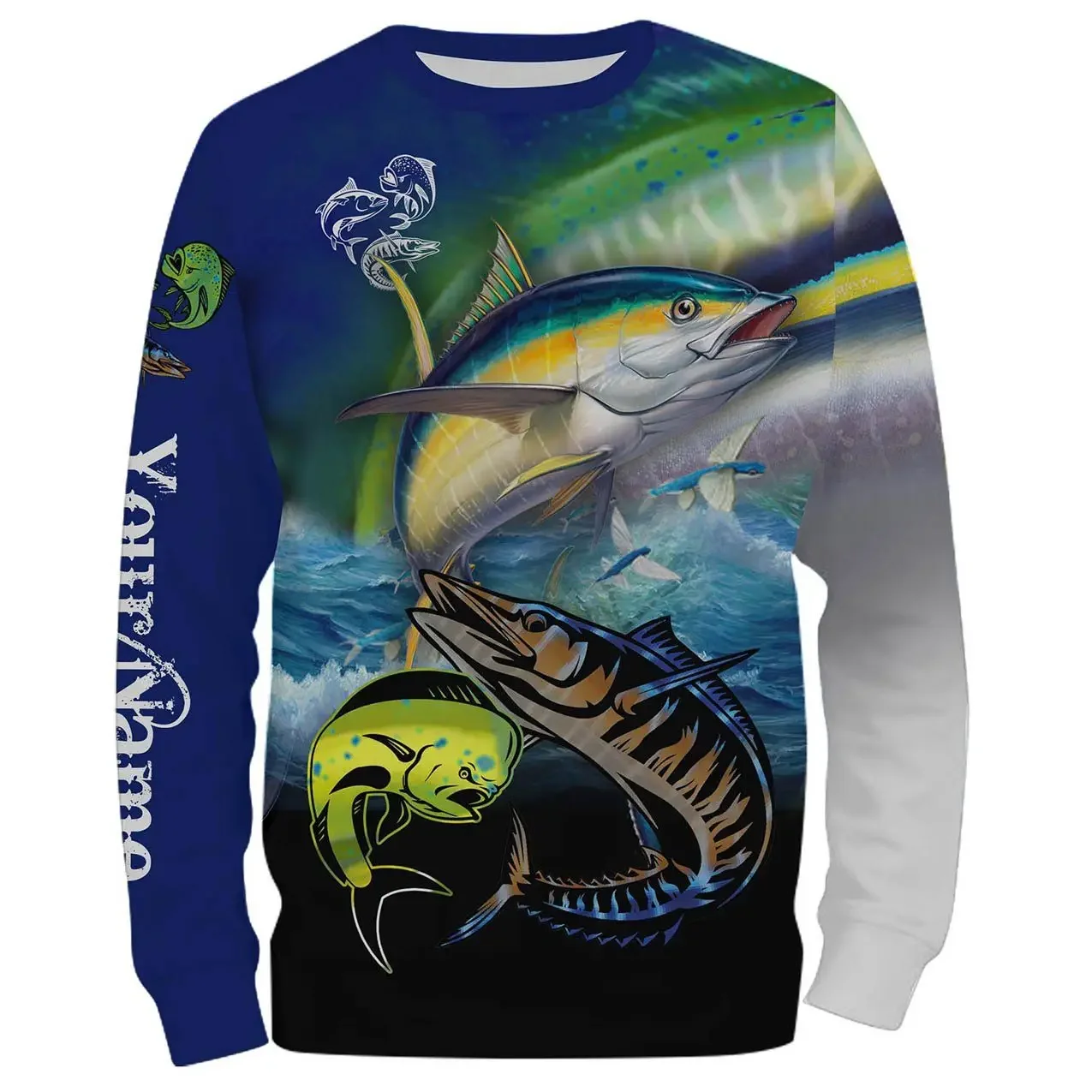Ocean Big Game Fish 3D Print Men Long Sleeve T‑Shirt Custom Name Outdoor Fishing Angling Casual Tee Tops