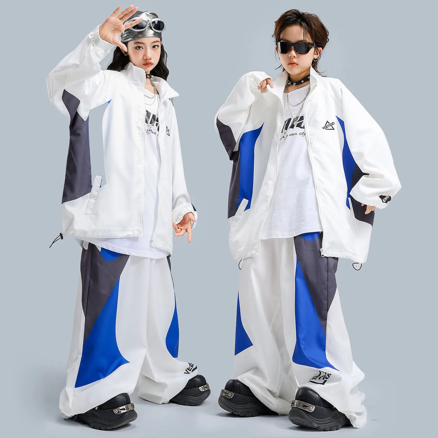 

Детская одежда в стиле хип-хоп Kpop, белая, синяя, серая ветровка на молнии, повседневные широкие брюки для девочек и мальчиков, костюмы для уличных танцев, одежда
