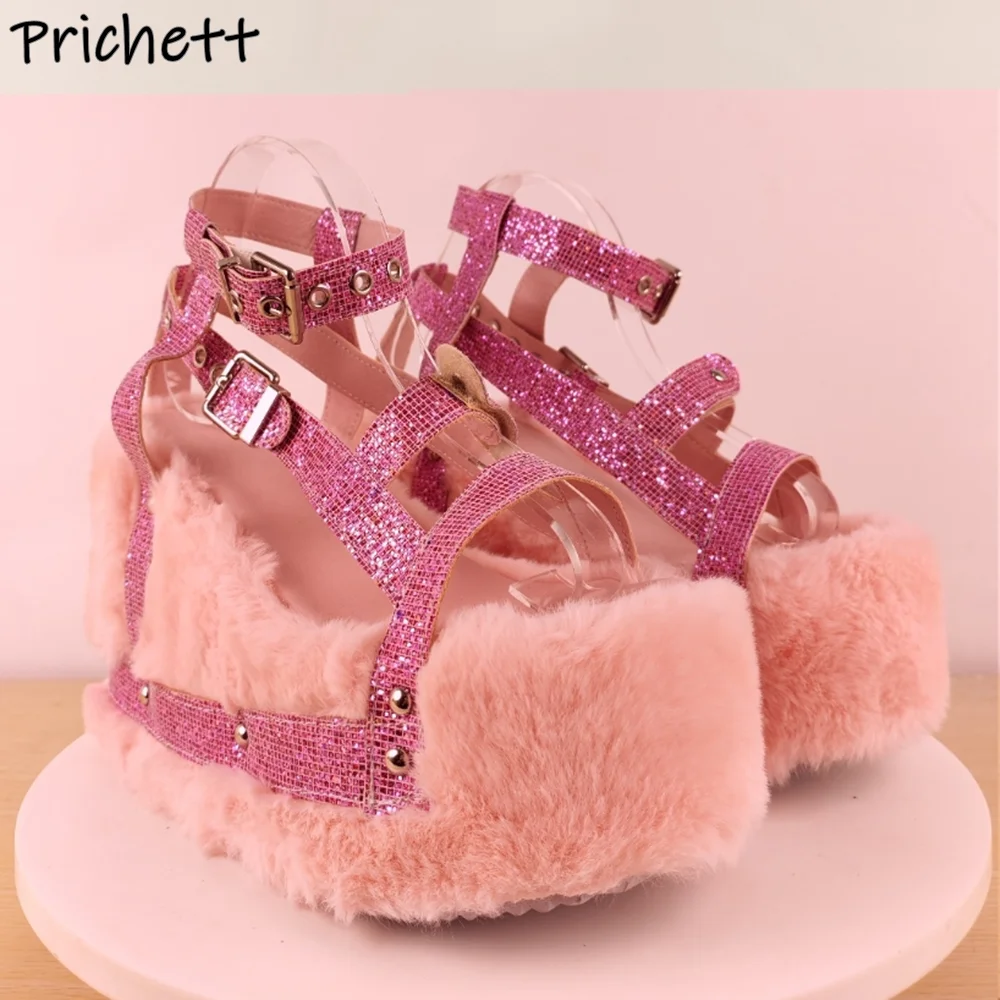 

Pink Thick Soled Furry Bling Sandals Ankle Band Buckle Strap Wedges Platform Dress Shoes Lovely Girl Straight Strap Hollow Shoes