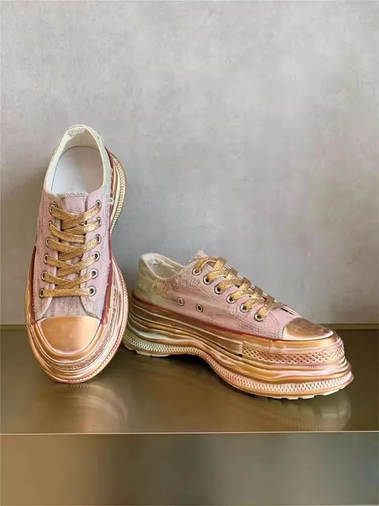 Fashion Women Lace Up Low Cut Thick Platform Canvas Shoes Round Toe Vintage Hole Ripped Casual Shoes Color Gradient Wedges Pumps