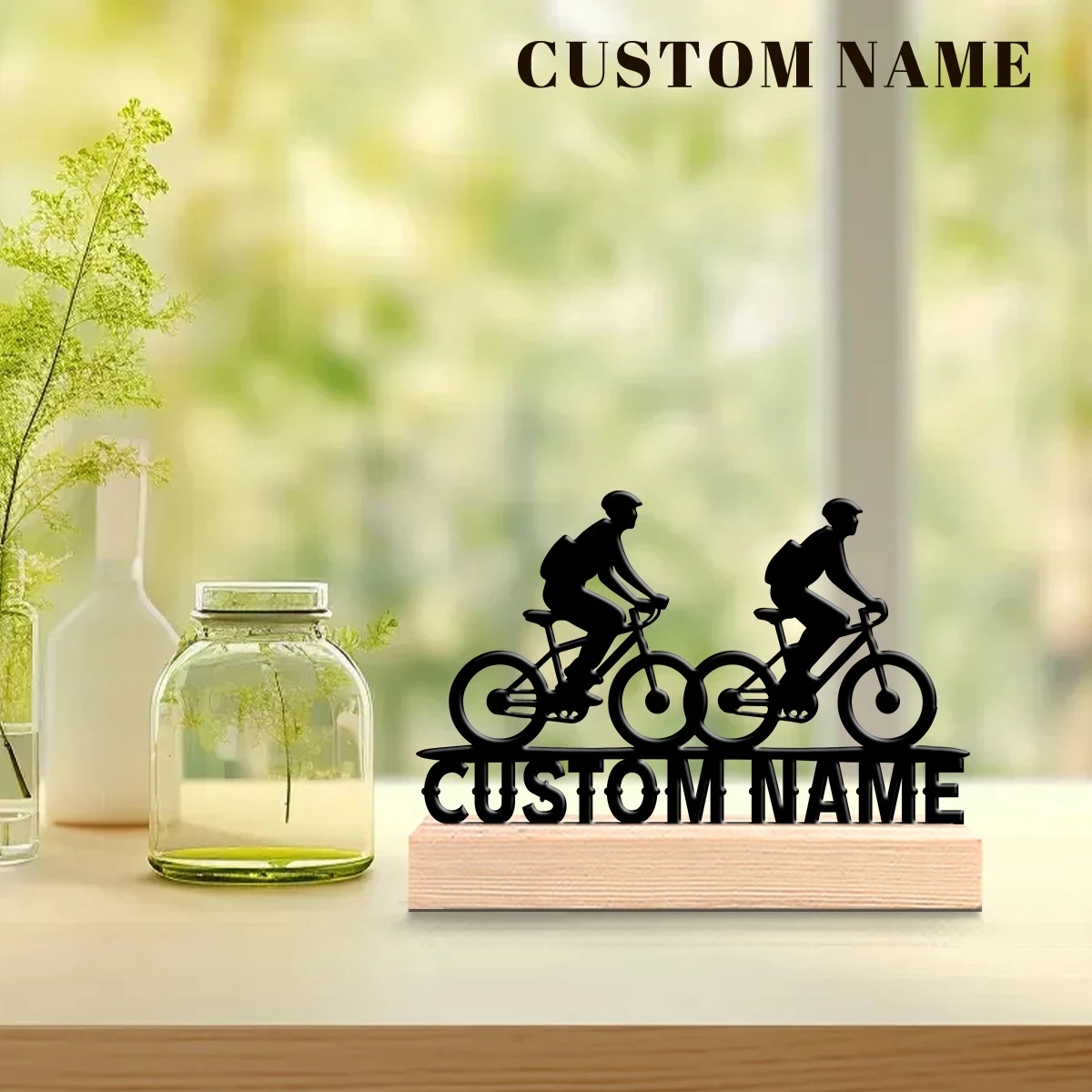1Pc Csutom Name Bike Rider Wooden Base Metal Art Ornament,Home Office Hotel Cafe Club Decor,Ideal Gift for Family Friends
