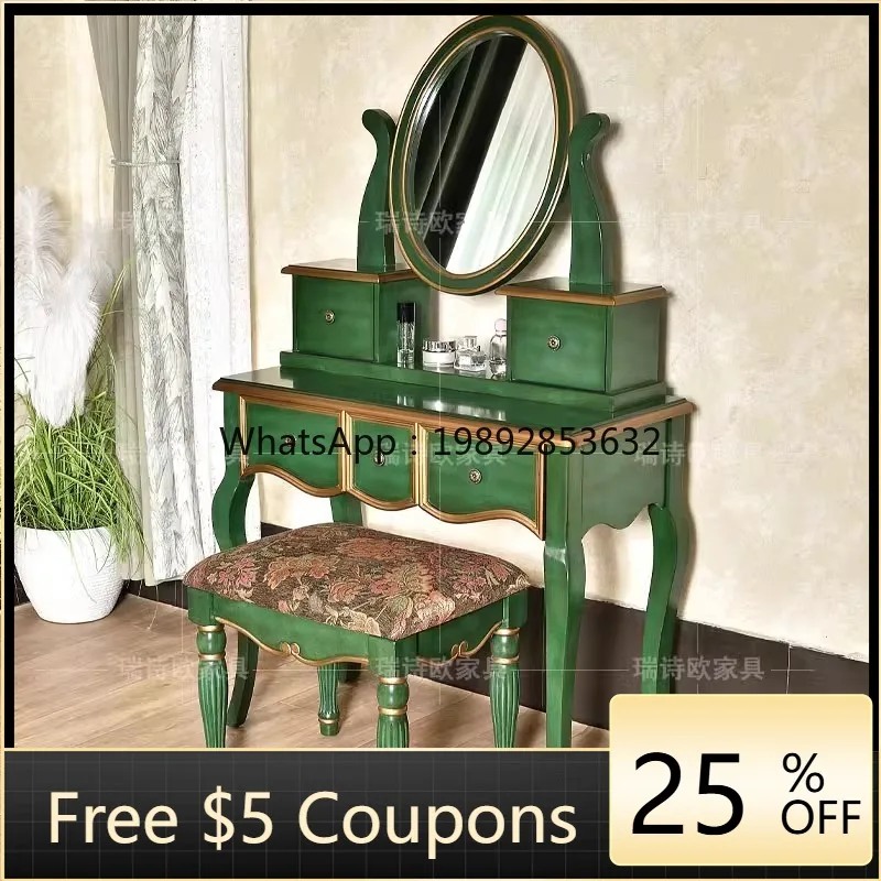 

YFY American Country Style Solid Wood Dressing Table Set Exquisite Gold-Embossed Vintage Green Drawer Storage