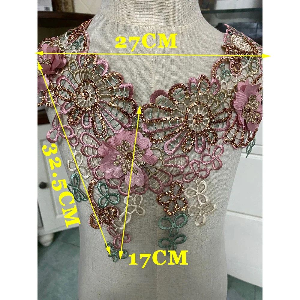 1Pc 3D Embroidered Fabric Sequin Flower Venise Lace Sewing Applique Lace Collar Neckline Ancient Collar Applique Accessories