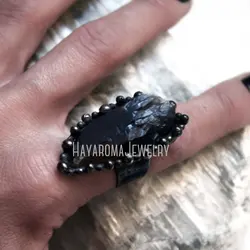 Steampunk Accessory Black Smoky Quartz Point Crystal Statement Vampire Ring Witch Wicca Women Boho Desert Halloween Jewelry