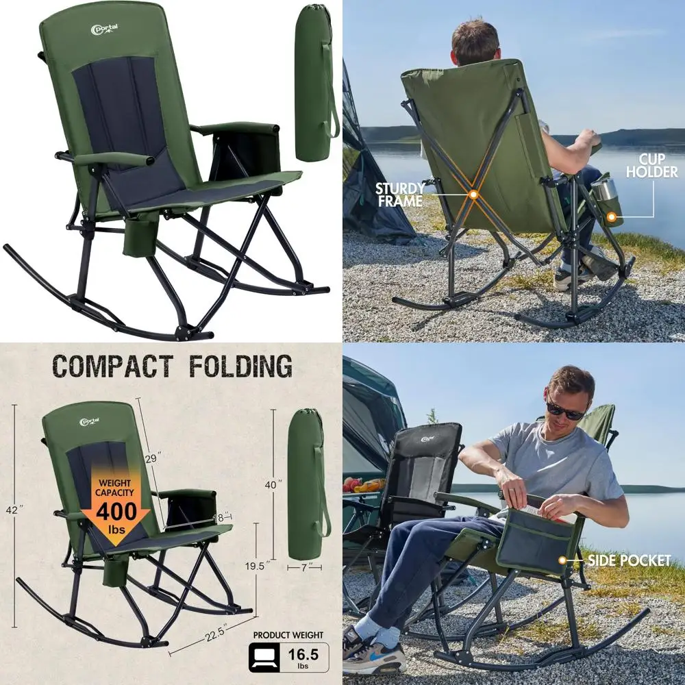 كرسي تخييم هزاز قابل للطي في الهواء الطلق، دعم عالي الظهر مع مساند للذراعين وحقيبة حمل، سعة 400 رطل، صخرة مريحة #1