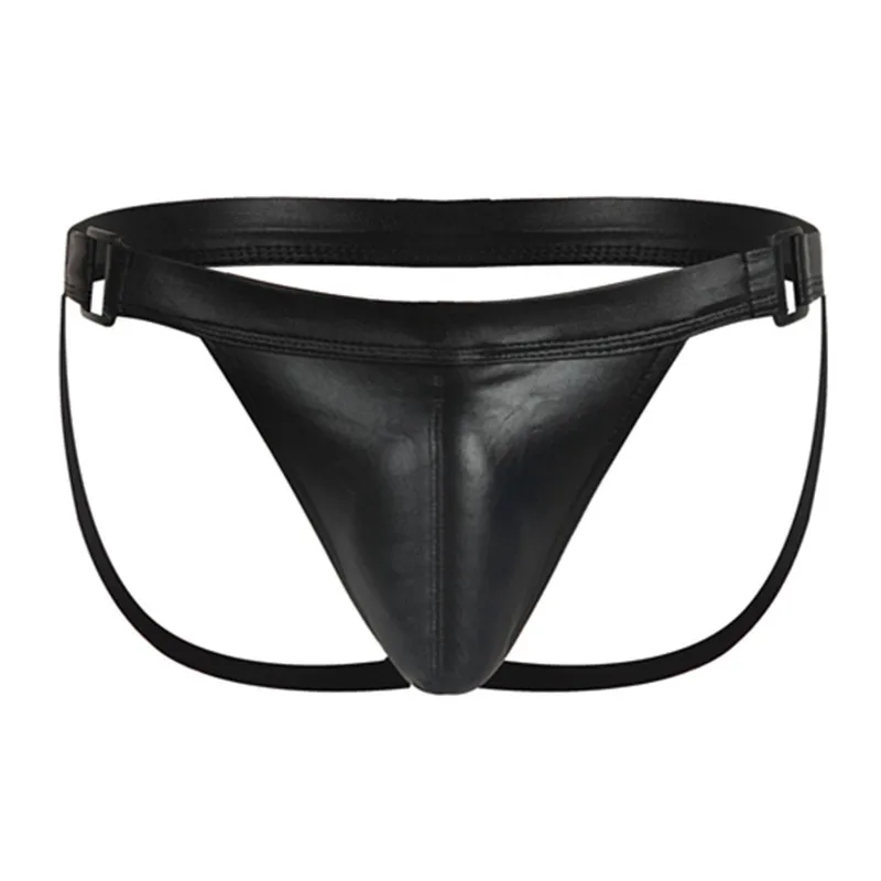 

Sexy Imitation Leather Jockstrap Underwear Men's Hip-lifting Double-cubed Panties Hollow U Convex Pouch G-String Buckle Lingerie
