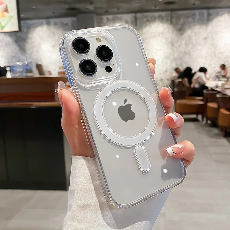 حافظة شحن لاسلكية مغناطيسية شفافة لهاتف Magesafe لهاتف iPhone 7 8 Xs 11 12 13 14 15 16 17 Pro Max Air Plus غطاء مقاوم للصدمات