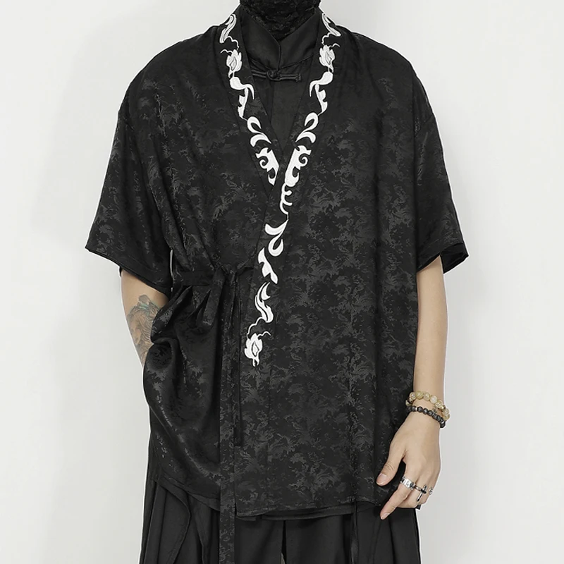 NDNBF yamamoto style 2024 Summer thin Hanfu Chinese style tied Daopao satin jacquard embroidery loose casual short sleeved shirt