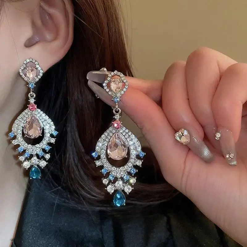 

Heavy Rhinestone Fan-shaped Water Drop Earrings, Artistic Retro Palace Style Stud Earrings, Vintage Chinese Style Dangling Earrings
