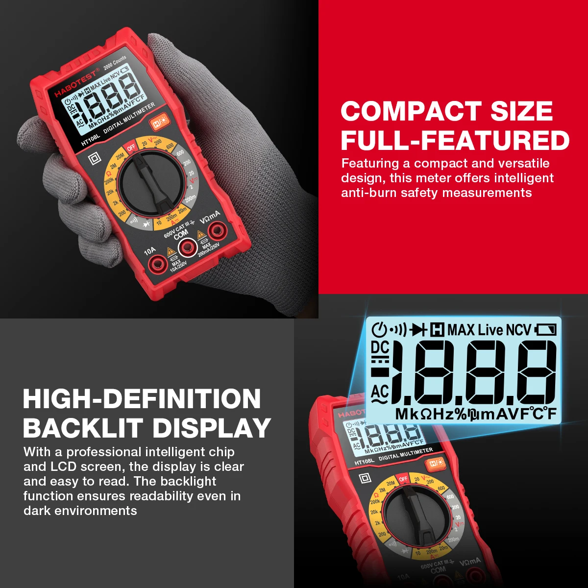 HT108L 2000 Counts Harga Terjangkau 600V Ohm True RMS Rentang Manual Multitester Dasar Meter Listrik Digital Multimeter Alat Ukur