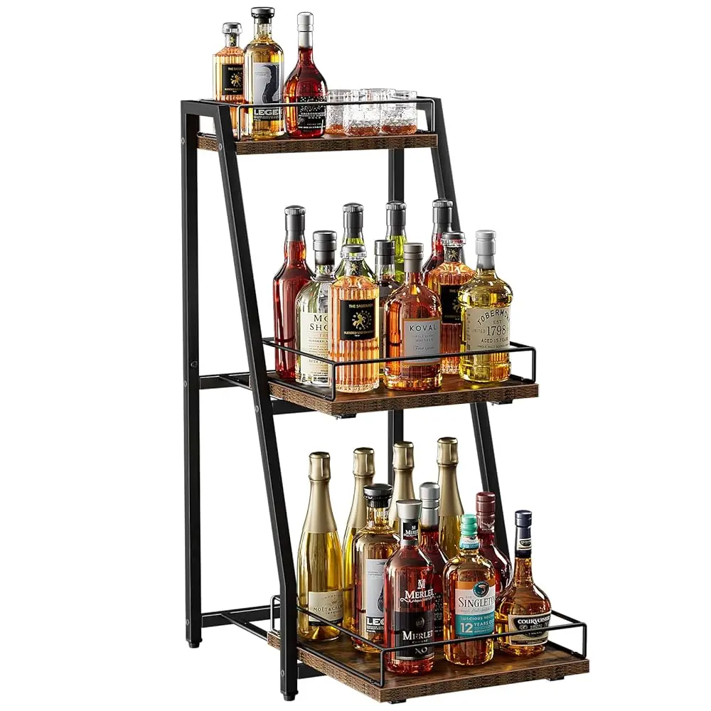 

3-Tier Stepped Liquor Cabinet Mini Bar, Wine Ra Freestanding Floor For Whiskey, Corner Liquor Bottle Display Shelf With Fences