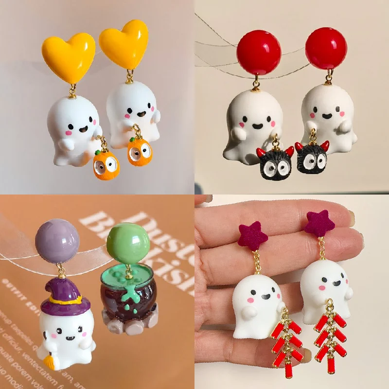 Halloween Niedliche Harz-Geister-Kürbis-Ohrstecker für Frauen Cartoon-Fledermaus-Anhänger-Ohrringe Freundschafts-Party-Schmuck Partygeschenk