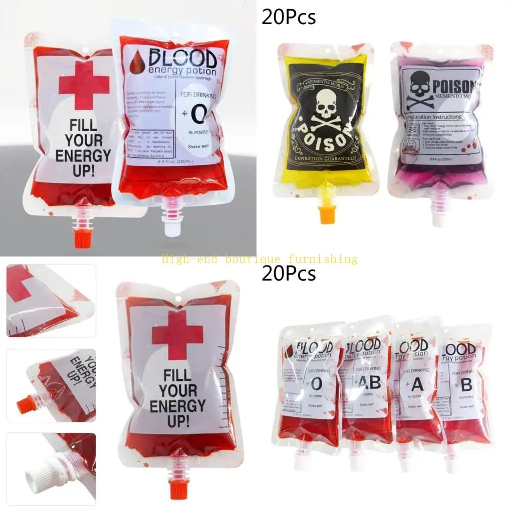 

L9NB 20pcs 250ml Halloween Cosplay Drink Container for Vampire Blood Bag Props Beverage Water Bottle