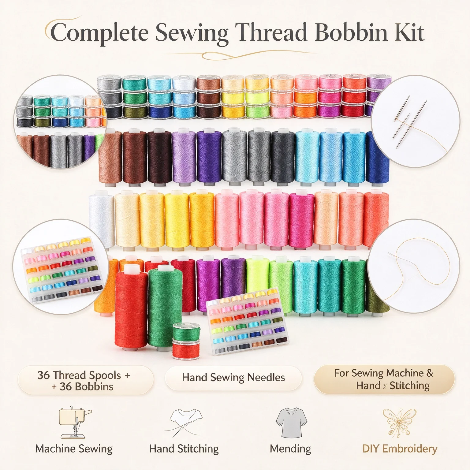 72Pcs Sewing Kit with 36 Spools Multi-color Polyester Thread 36 Prewound Bobbins And Needles for Sewing Repair And Embroidery