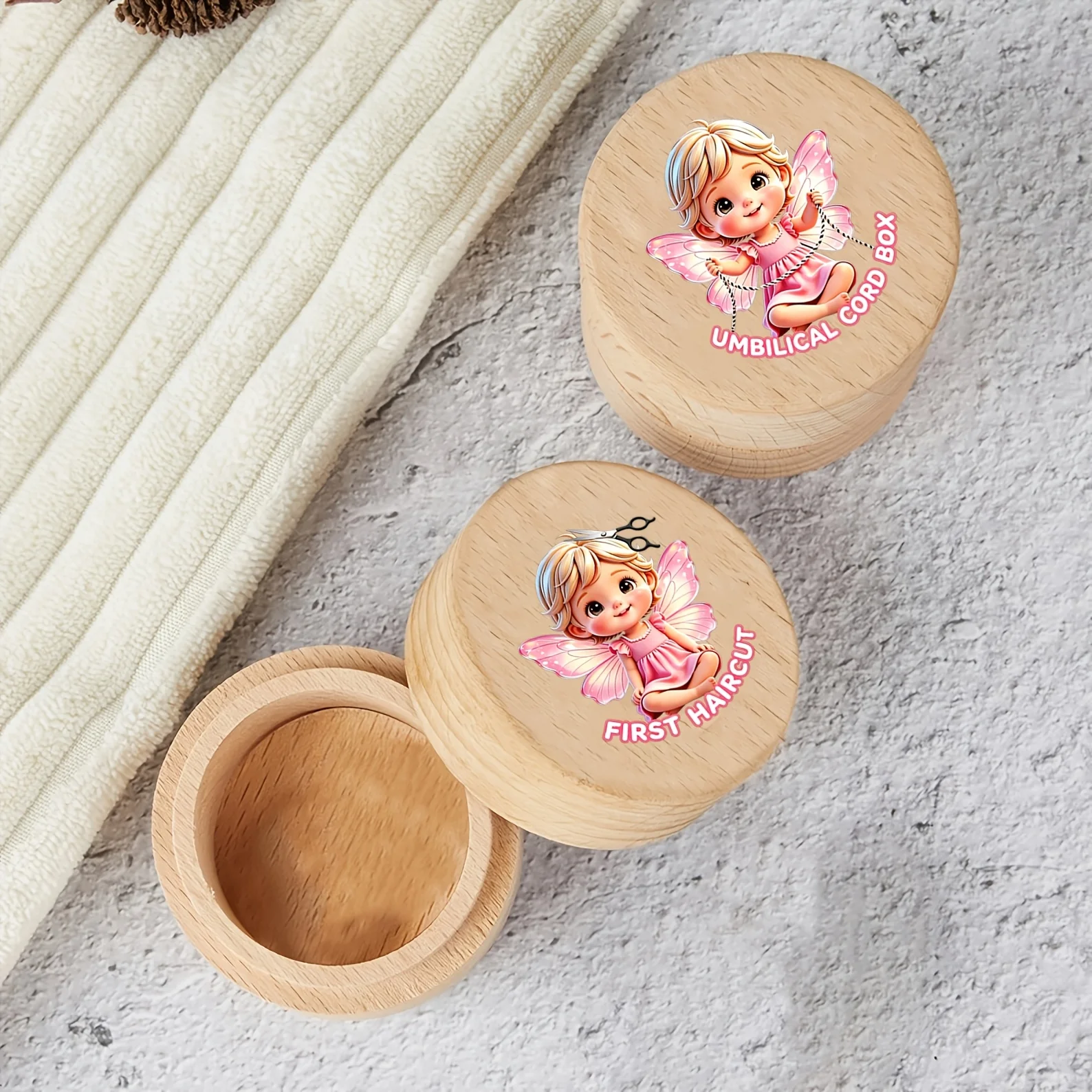 3pcs 2D Wooden Baby Teeth Storage Box Cartoon Girl Design with Pink Patterned Baby Hair Newborn Gift Precious Memory Keepsake
