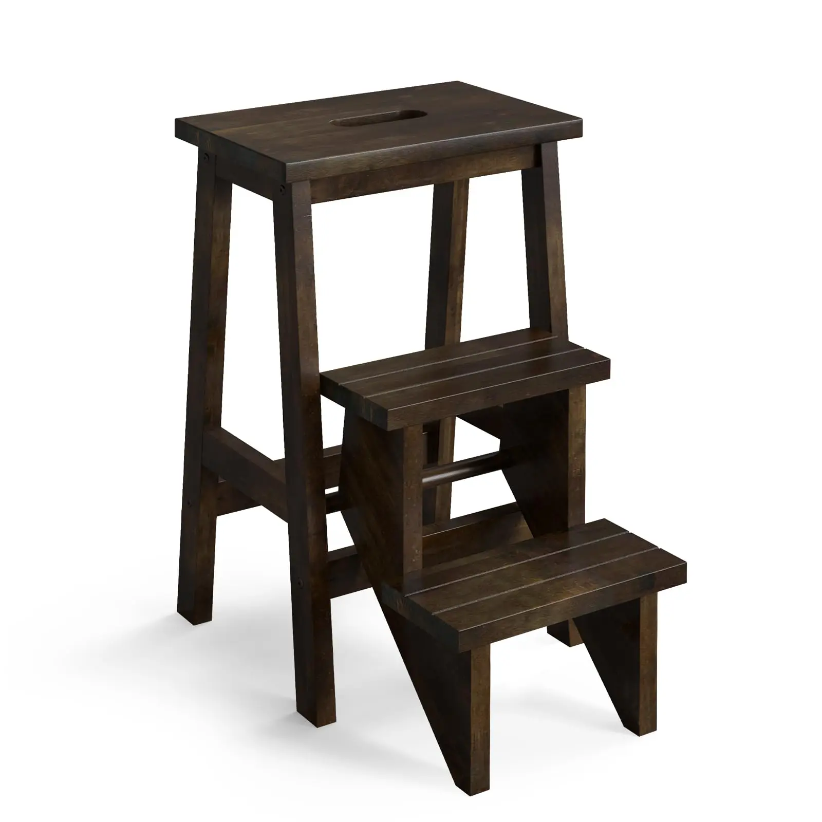 Folding 3 Tier Step Ladder, Multifunction 3-in-1 Wood Step Stool with Anti-Slip, Convenient Handle, Display Ladder and