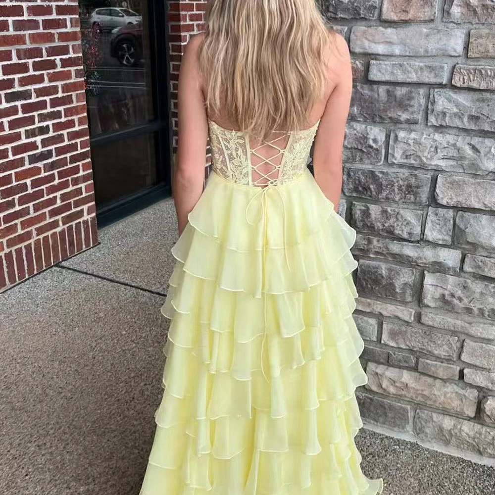 Customized Chiffon Lace Evening Dress 2025 Yellow Sweetheart A-Line Sexy Pleated Tiered Layers High Split Birthday Party Dresses