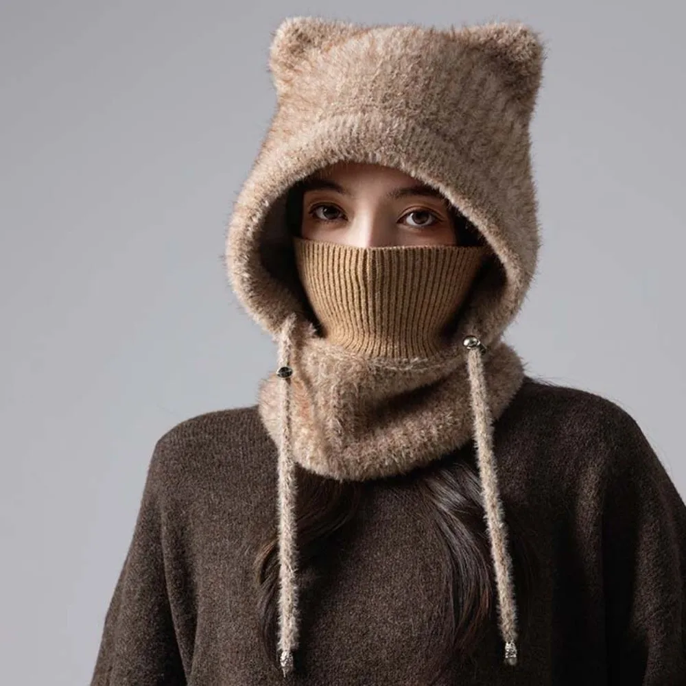 Mütze im japanischen Stil, winddicht, mit Katzenohren, verdickter, elastischer Kapuzenschal, gehäkelte integrierte Maske, Halswärmer, zum Skifahren – Detail 4