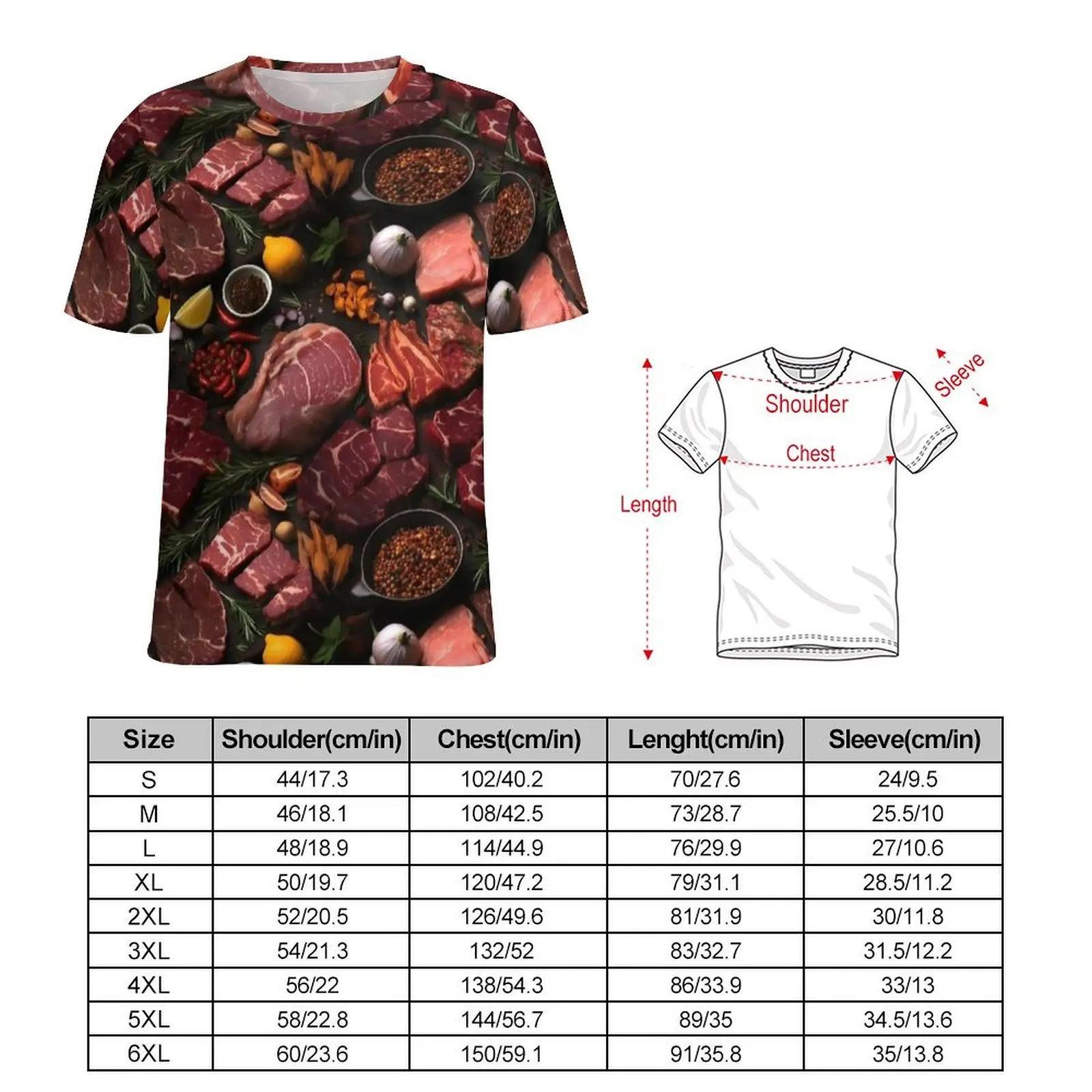 Raw Steak Spice Print T-Shirt  Harajuku T-Shirts Men Casual Tee Shirt Summer Short-Sleeve Design Clothing Plus Size