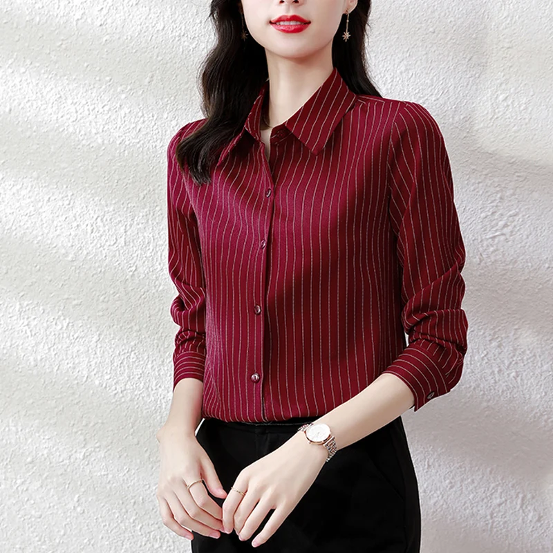 Vintage Striped Shirts Women Korean Fashion Long Sleeve Blouse Tops Women Elegant Office Lady Formal Clothing 2024 Blusas Mujer