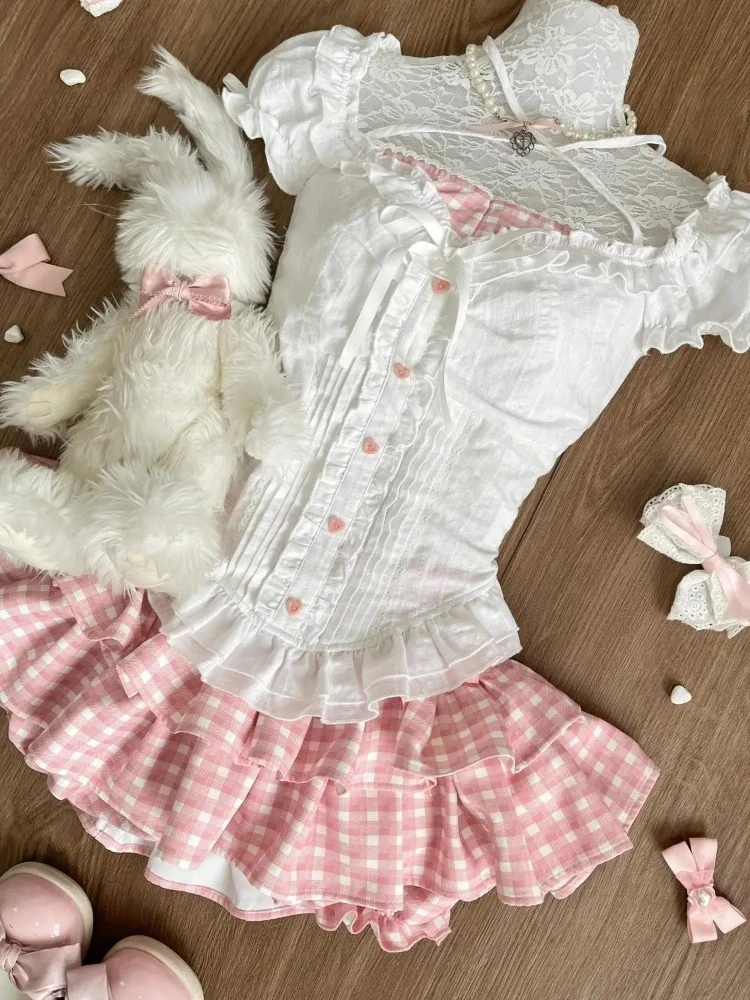 ฤดูร้อนญี่ปุ่น Kawaii Lolita Elegant 2 ชิ้นชุดผู้หญิงสีชมพู Y2k Bow Design กระโปรงมินิชุดเจ้าหญิงหญิงหวาน Chic ชุด
