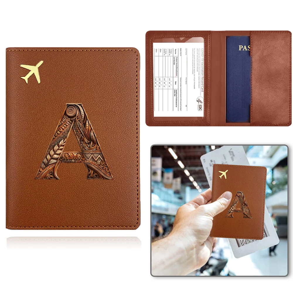 Passport Cover Protective Passport Case Passport Container Card Holder Credit Card Storage Organizer Wood Art Letter Pattern