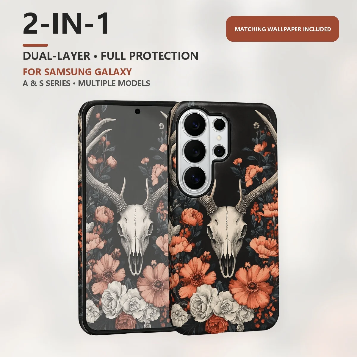 Deer Skull Floral 2-in-1 Dual-Layer Phone Case for Samsung Galaxy S26 S25 S24 S23 S22 S21 Plus Ultra FE S20 FE A56 A17 A16 A15