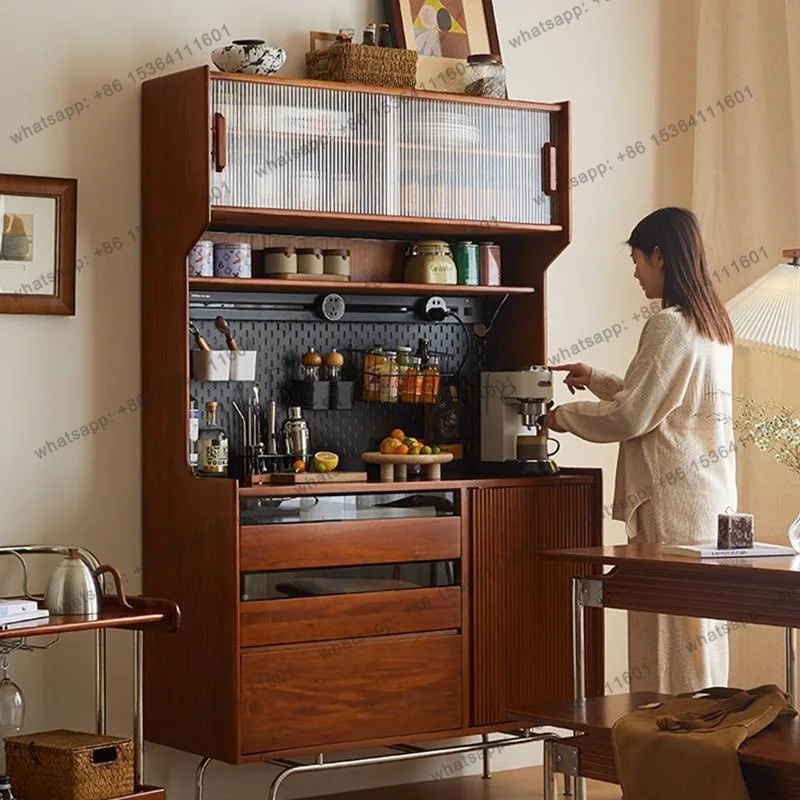 Nordic solid wood sideboard, small apartment, simple kitchen, perforated board storage, high cabinet