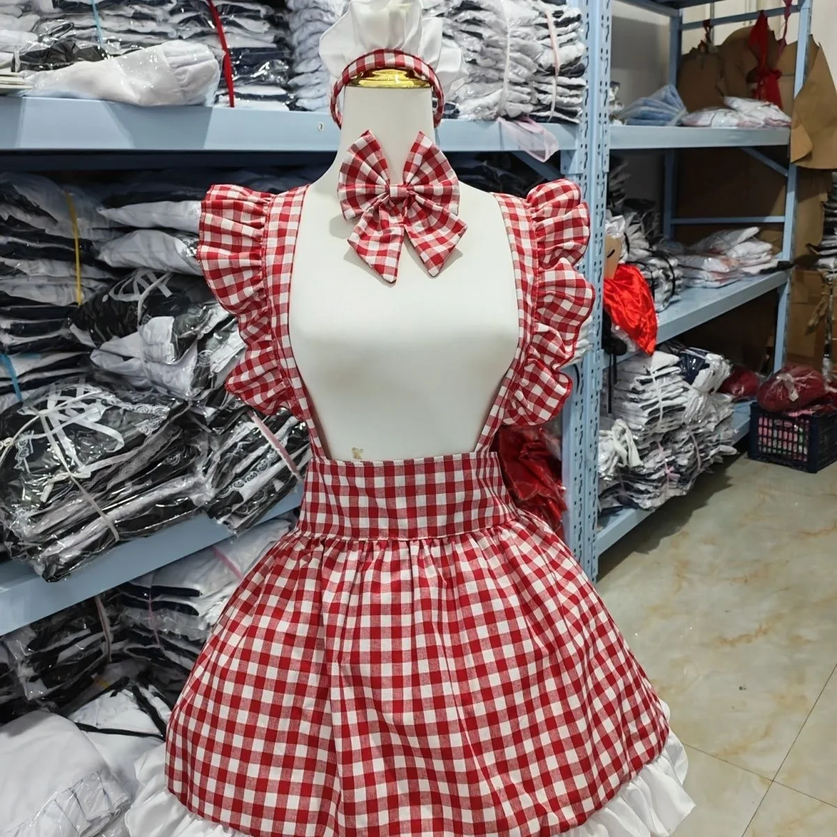 

Kawaii Red Plaid Apron Dress Headdress Set Women JK Cosplay Costume Party Fancy Dress Outfit Y2k Cute Anime Lolita Maid Dress