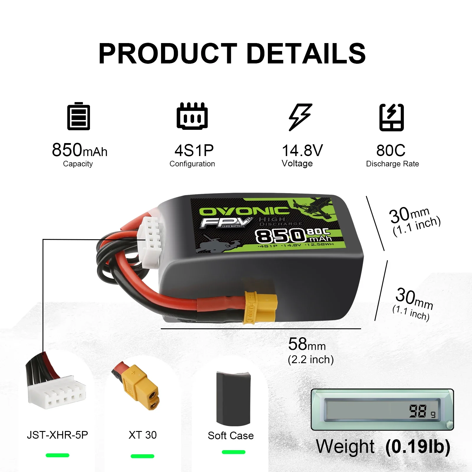 Omvonic-Lipoバッテリー80c, 14.8v, 850mah, 4s,fpv xt30プラグ用,サイズ150mm〜210mm,fpvのような噴出v2, 4個