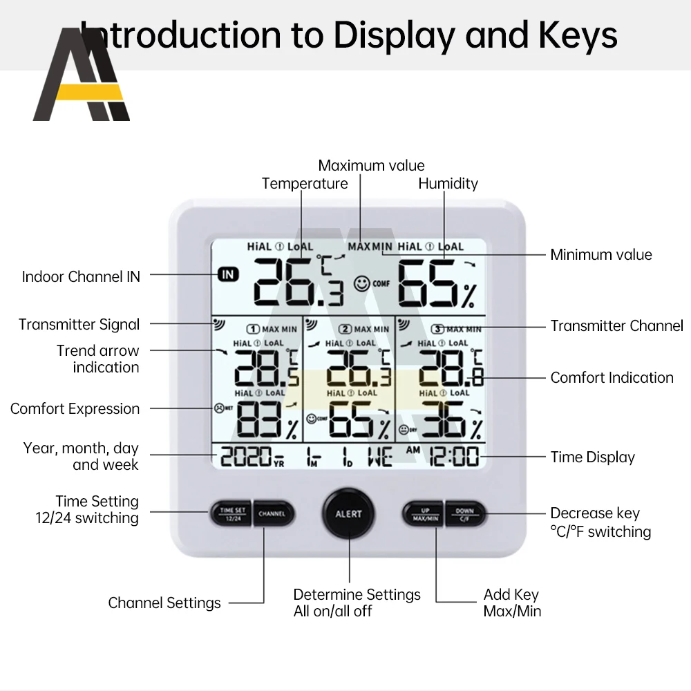 Weather Station Indoor/Outdoor Wireless Sensors Digital Thermometer Hygrometer with 3 Remote Sensors LED LCD Display Thermometer