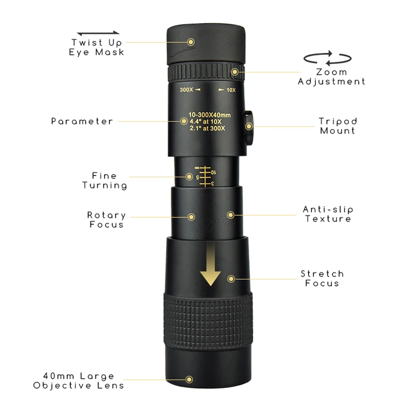 Telescopio Monocular de alta potencia con Zoom, telescopio portátil de 10-300x40mm, actualización HD con trípode y soporte para teléfono para