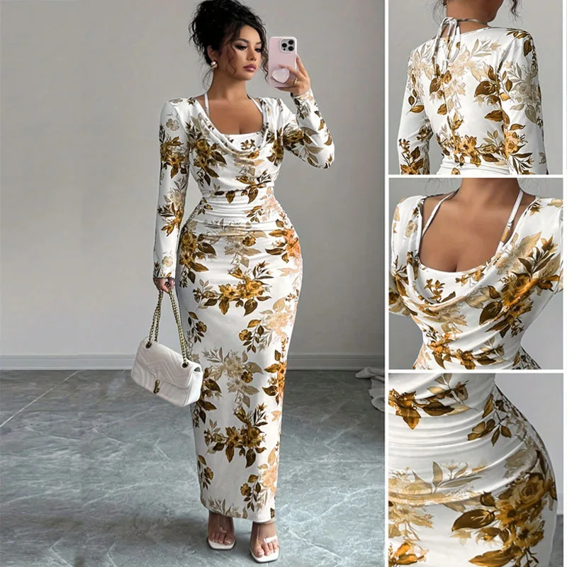 Fashion Dresses for Women Slim Long Sleeve Women Dress Elegant Print Package Hip Dress Women Vestidos De Verano Mujer