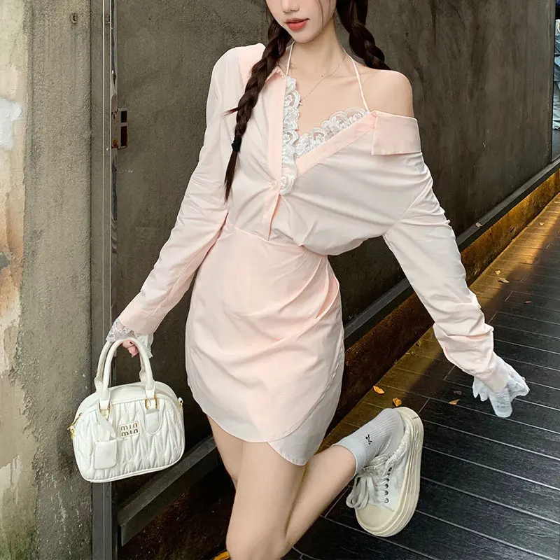 

Pink Long Sleeve Waist Mini Dress Women's Clothing Solid Color Spring Autumn Elegant Bag Hip Aura V-Neck Lace Patchwork Dresses