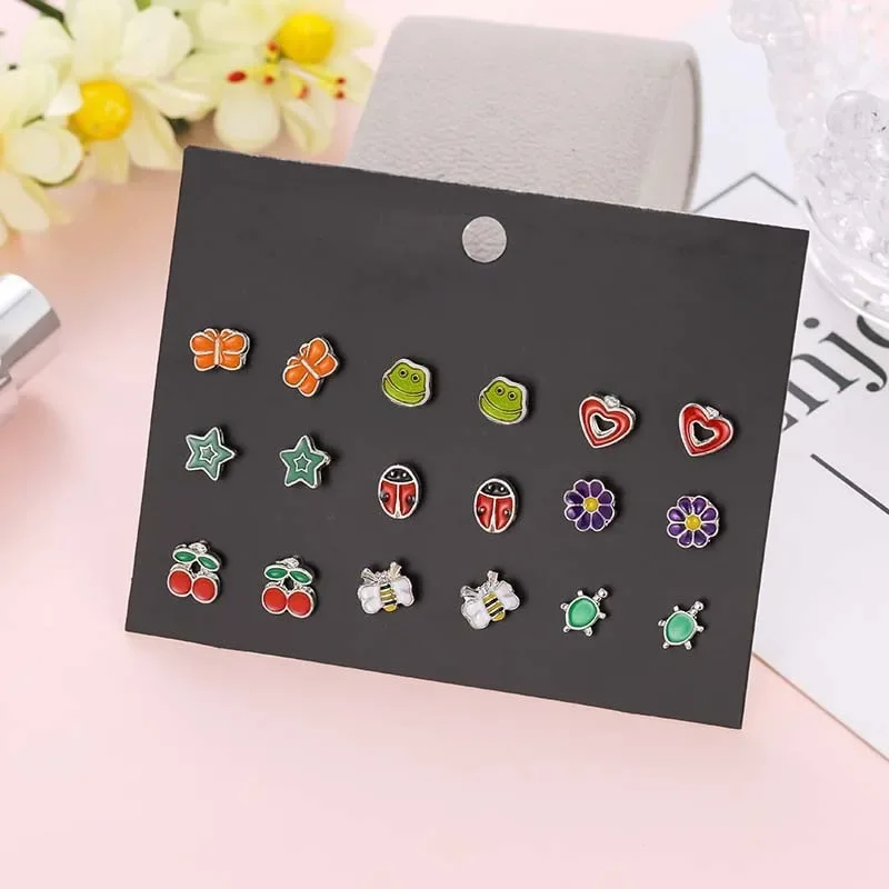 30 Pairs Mixed Color Cute Animal Fruit Flower Earrings Fox Frog Mushroom Daisy Earring Combination Set for Women Girls Jewelry