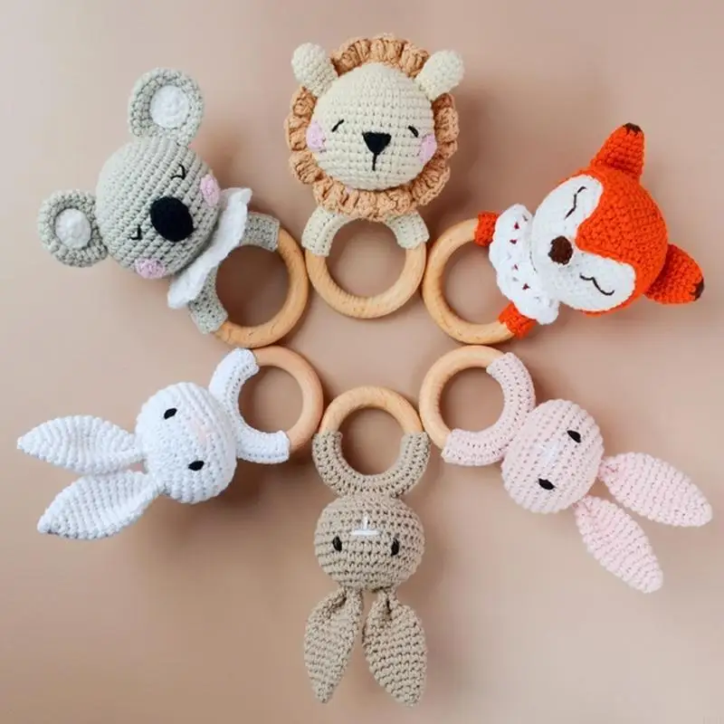 F62d Crochet Bratsles Baby Baby Baby Baby Toy Wooden Teether Crochet Teether Rattles Newbortles Rattles Toy Animal Bratsles Toy