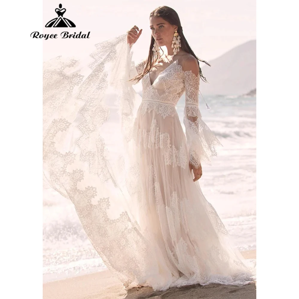 

Roycebridal 2025 Bohemia Full Lace A Line Beach Wedding Dress Sexy V Neck Off Shoulder Long Sleeve Bridal Gowns Customized 웨딩드레스