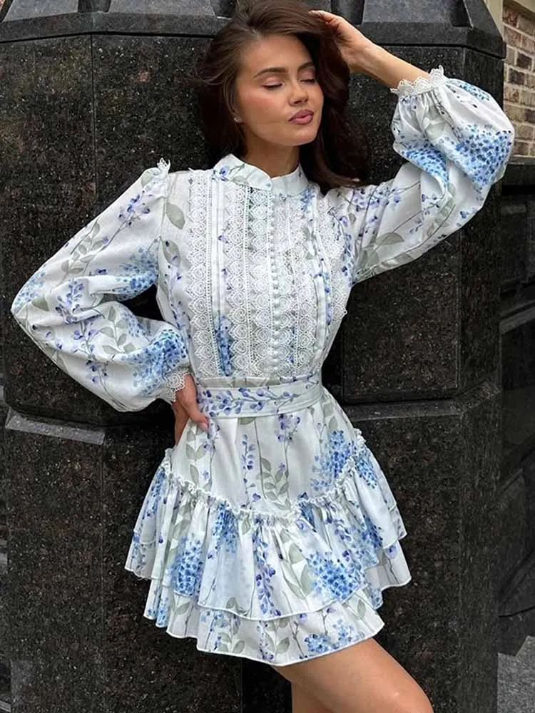 

BKQU Printing Elegant Mini Dress For Women Patchwork Chic Puff Long Sleeve Lace Up Layered Ruffles A-line Vacation Dresses 2025