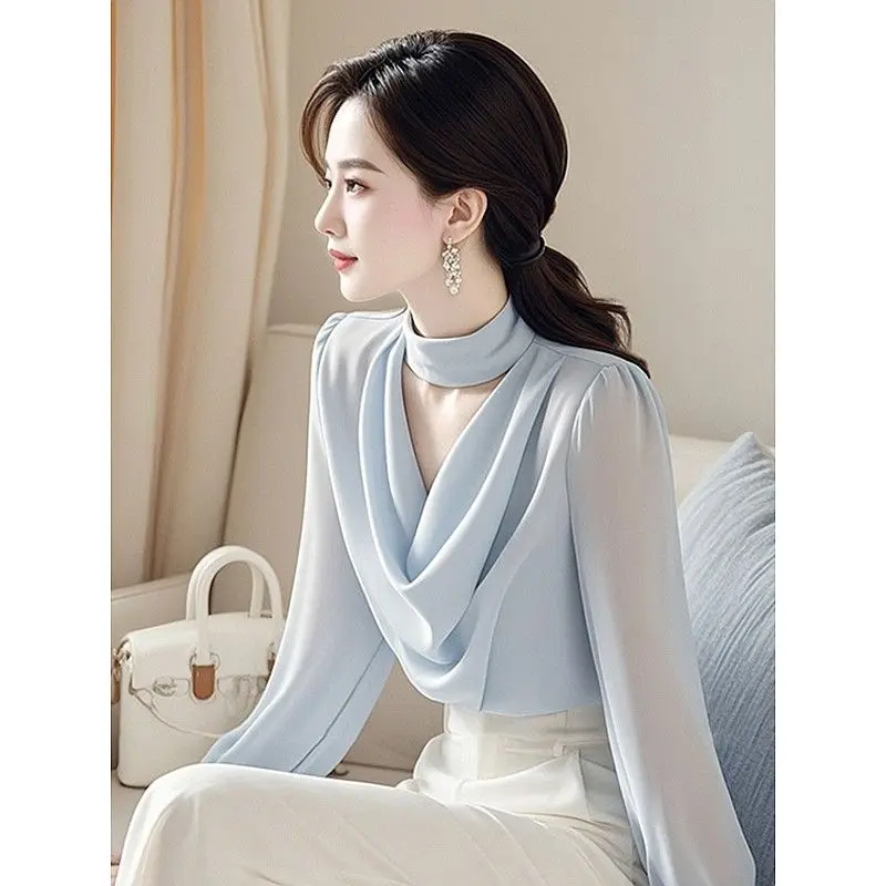 

Spring Autumn Fashionable Pleated V-neck Long Sleeve Blouse Female Simplicity Elegant Hollow Out Solid Color Chiffon Shirts Tops