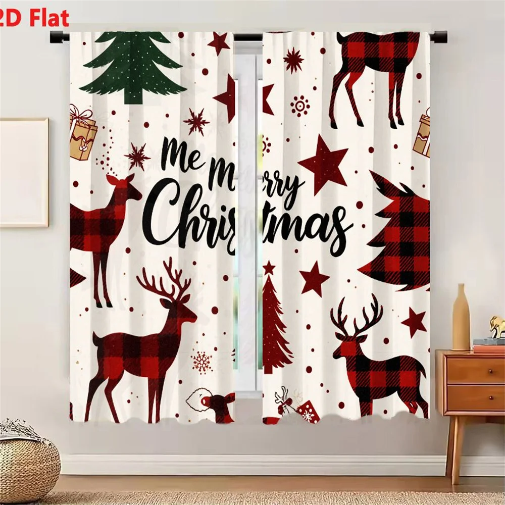 2Pcs Curtains 2D Flat Merry Christmas Pattern Festive Red Black Plaid Elements Reindeer Christmas Trees Gift Boxes Stars Snowfla
