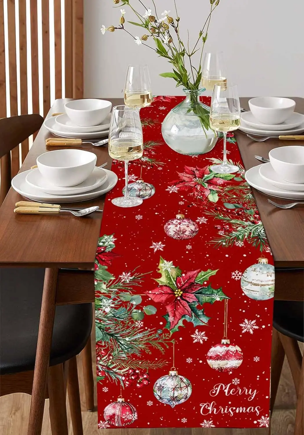 Christmas Poinsettia Xmas Ball Linen Table Runner Wedding Party Decor Reusable Kitchen Dining Table Runner Christmas Decorations