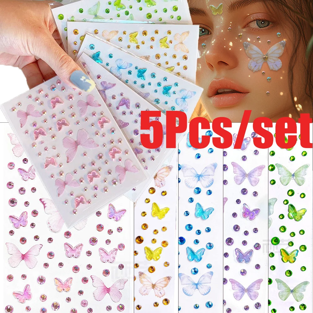 

5Sheet Christmas Fairy Butterfly Face Diamond Sticker Pink/Purple/Blue Round Crystal Face Decak For Children Xmas Face Slider