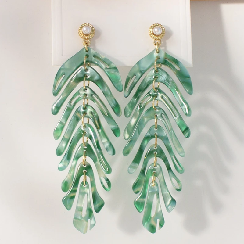 Fashion Stylish Resin Exaggerated Clip on Earrings Unique Design Elegance Long Green Leaf Pearl Ear Clips Without Ear Holes