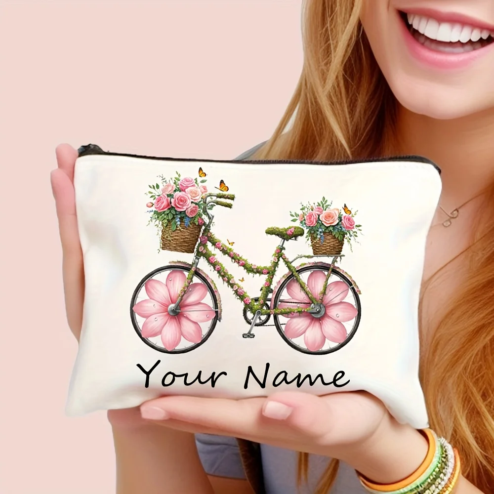 Bolsa de Maquillaje Personalizada con Diseño de Bicicleta y Elfos, Linda y Relajada, Bolsa de Viaje Duradera y de Gran Capacidad